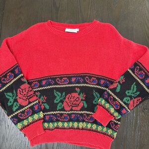 Red Floral Pattern Crewneck Sweater - Women